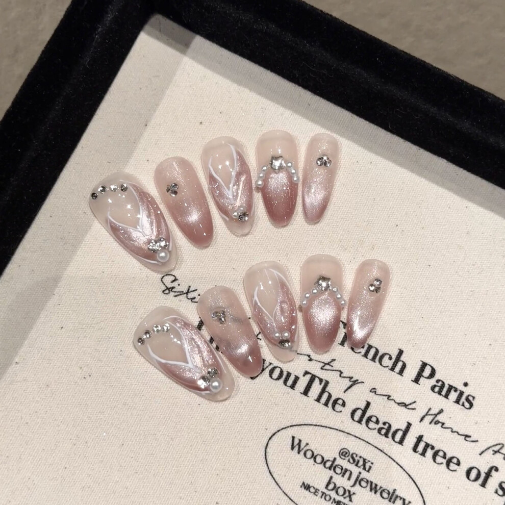 Zhouq-Outdoors (S) Glitter Press-On Cat Eye Nails - Diy Manicure