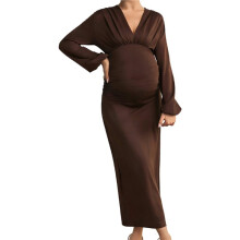 Women Maternity Wrap Dress V Neck Ruffle Sleeves Brown S