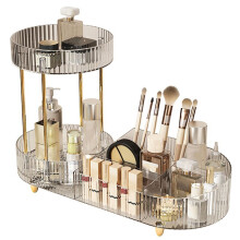 Rotating Makeup Organizer for Vanity, 2 Tier Perfume Cosmetic Skincare Organizers with Makeup Brush Holder Transparent