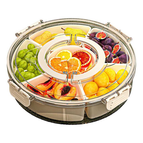 Six Grids Multi Compartment Fruit Tray Round Snack Box for Home Organization Clear Divided Rotating Serving Tray