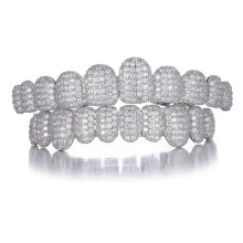 10/10 Iced Out CZ Stone Teeth Grillz Top Bottom Zircon Tooth Caps for Women Men Jewelry Party Gift Silver