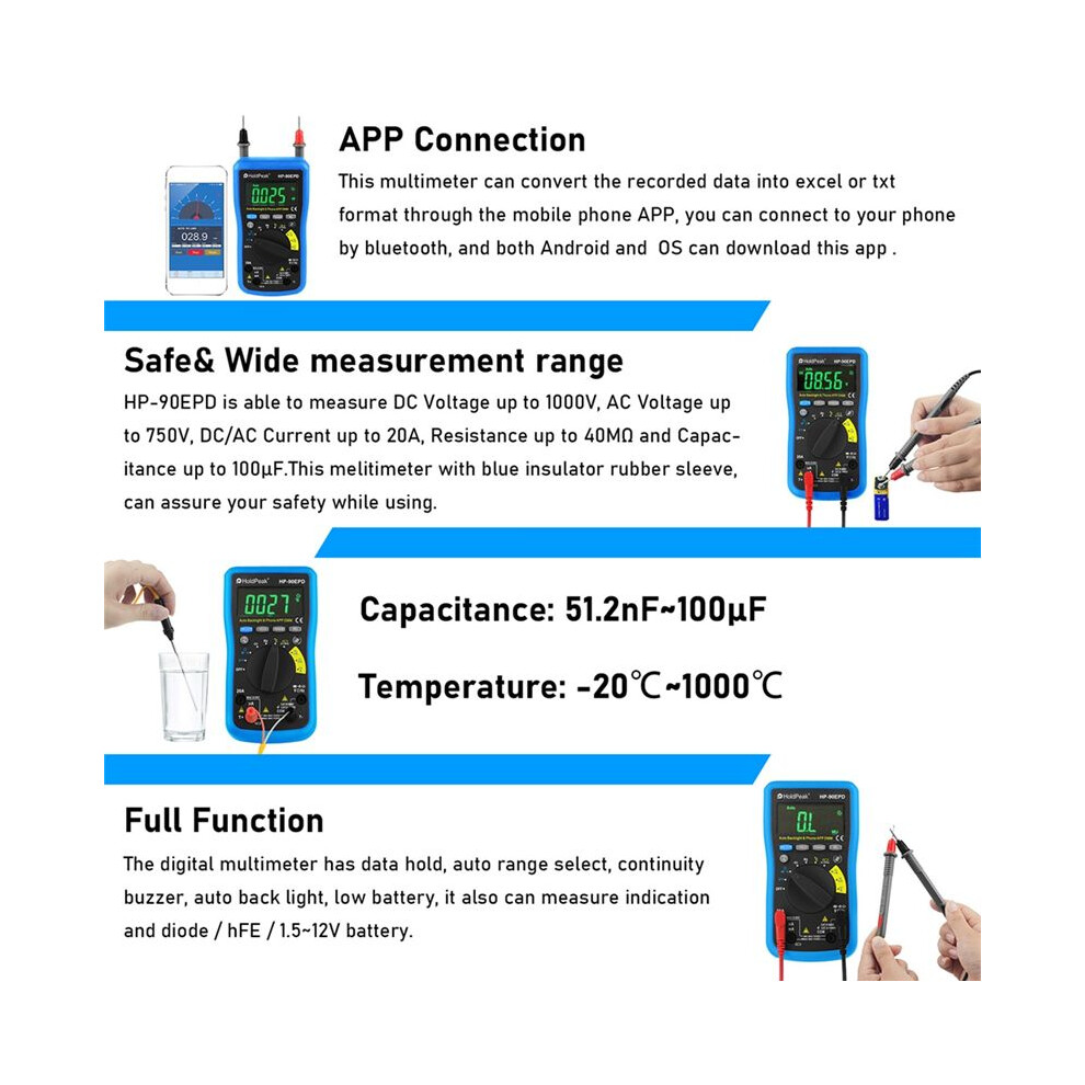 Holdpeak Digital Multimeter,6000 Counts Trms Meter Acv Dcv 0-1000V Resistance Capa Frequency Test,Data Hold 4712399672503