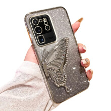 Clear Glitter Butterfly Stand Case for Samsung Galaxy S20 Ultra, Soft 3D Bling Quicksand Protective Cover for Women Girls