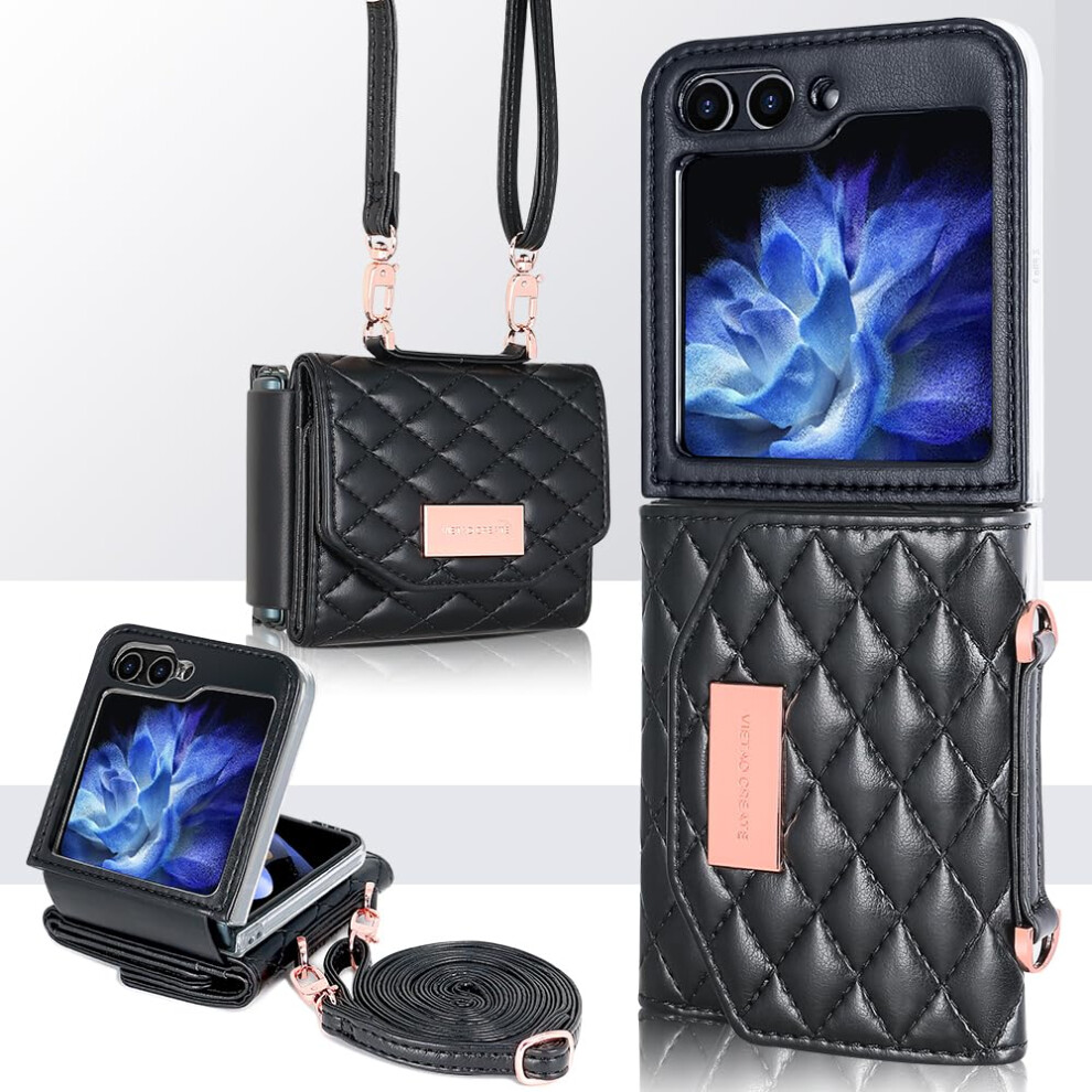 Wallet Case With Card Holders, Shockproof Pu Leather Crossbody Strap (Black) For Samsung Galaxy Z Flip 5 Black 9771547305460