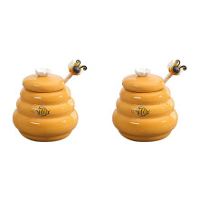 2X Ceramic Beehive Honey Pot and Wooden Dipper Honey Jar with Lid Honey Stir Bar for Honey Jar Supplies Kitchen