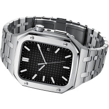 Case for Apple Watch 44mm with Stainless Steel Band, Silver Protective Bezel for Series 7 8 SE 6 5 4