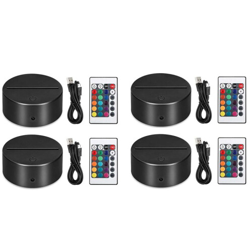 4 Pack 3D Night LED Light Lamp Base + Remote Control + USB Cable, 16 Colors Light Show Display Stand for Acrylic Black