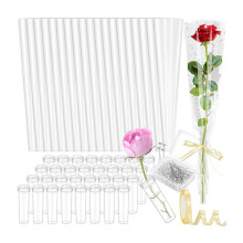 50 Pcs Single Rose Sleeve with Floral Water Tubes, Flower Water Tubes with Single Flower Sleeve, Diamond Pins and Ribbon
