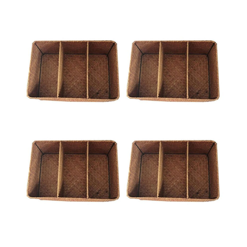 4X 3-Section Wicker Baskets For Shelves, Hand-Woven Seagrass Storage Baskets Toilet Paper Basket Large Brecantia