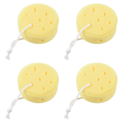 4X Yellow Round Bath Body Shower Soft Sponge W Hanging Loop