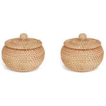 2X Rattan Round Basket with Lid, Rattan Storage Basket with Lid, Bread Food Basket Fruit Snacks Basket for Table Shelf