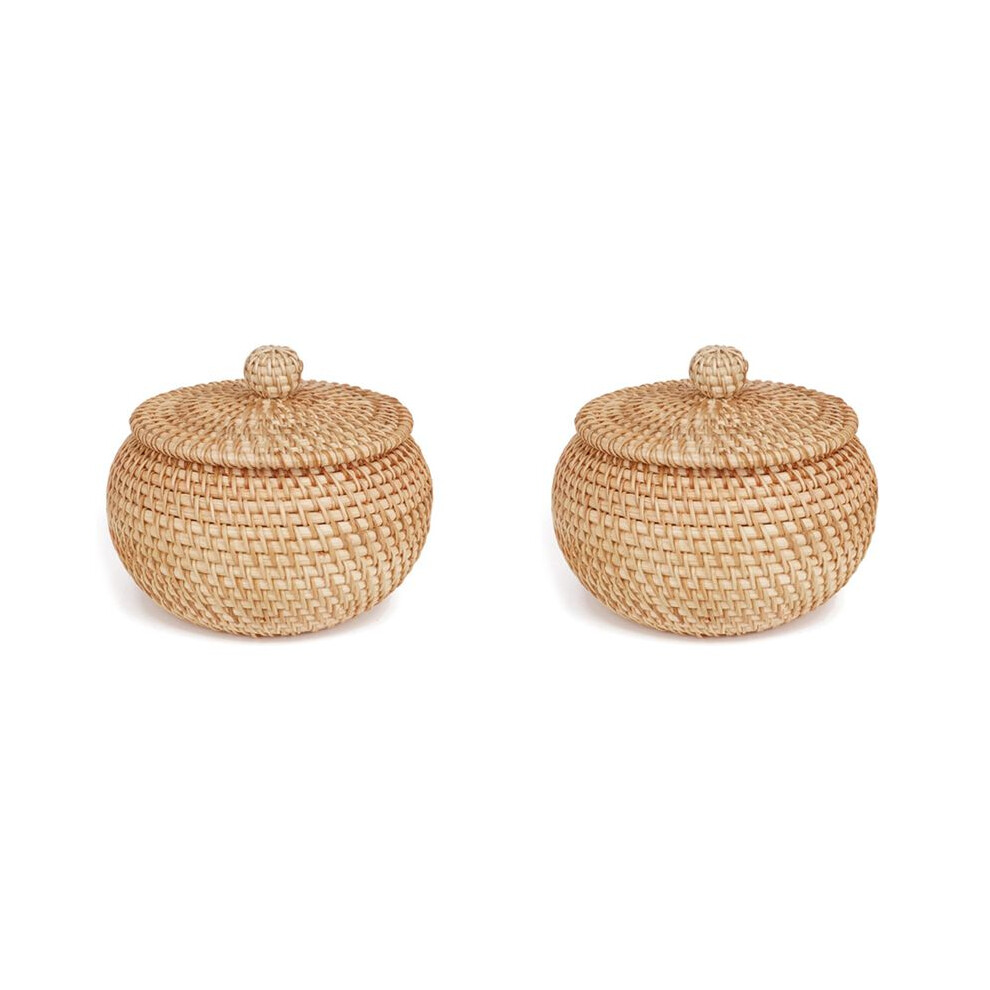 Semoic 2X Rattan Round Basket With Lid, Rattan Storage Basket With Lid, Bread Food Basket Fruit Snacks Basket For Table Shelf