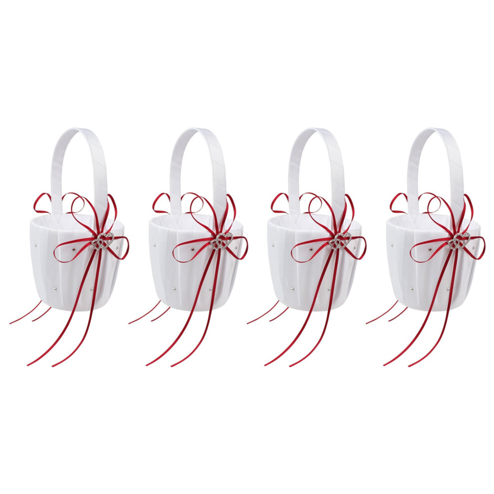 Semoic 4X Double Heart Wedding Flower Girl Basket White Satin Rhinestone Decor Red Wedding Ceremony Party Favor