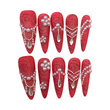 (XS) Chinese Style Red Long Press on Nails Natural Unbreakable Nail Simple Wear for Women Nail Art Decoration