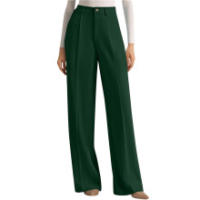 Damen-Anzughose mit Weitem Bein, Business-Casual-Stil, Fließende Palazzo-Hose, Hochtaillierte Stoffhose Dunkelgrün L