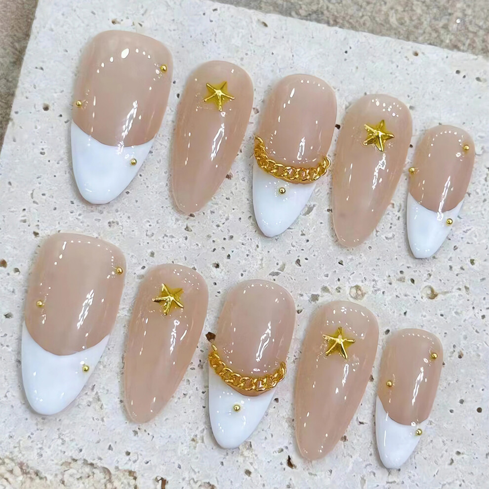 Reach-Tools White,Cream (M) French Nude Fake Nails With White Tip, Unbreakable
