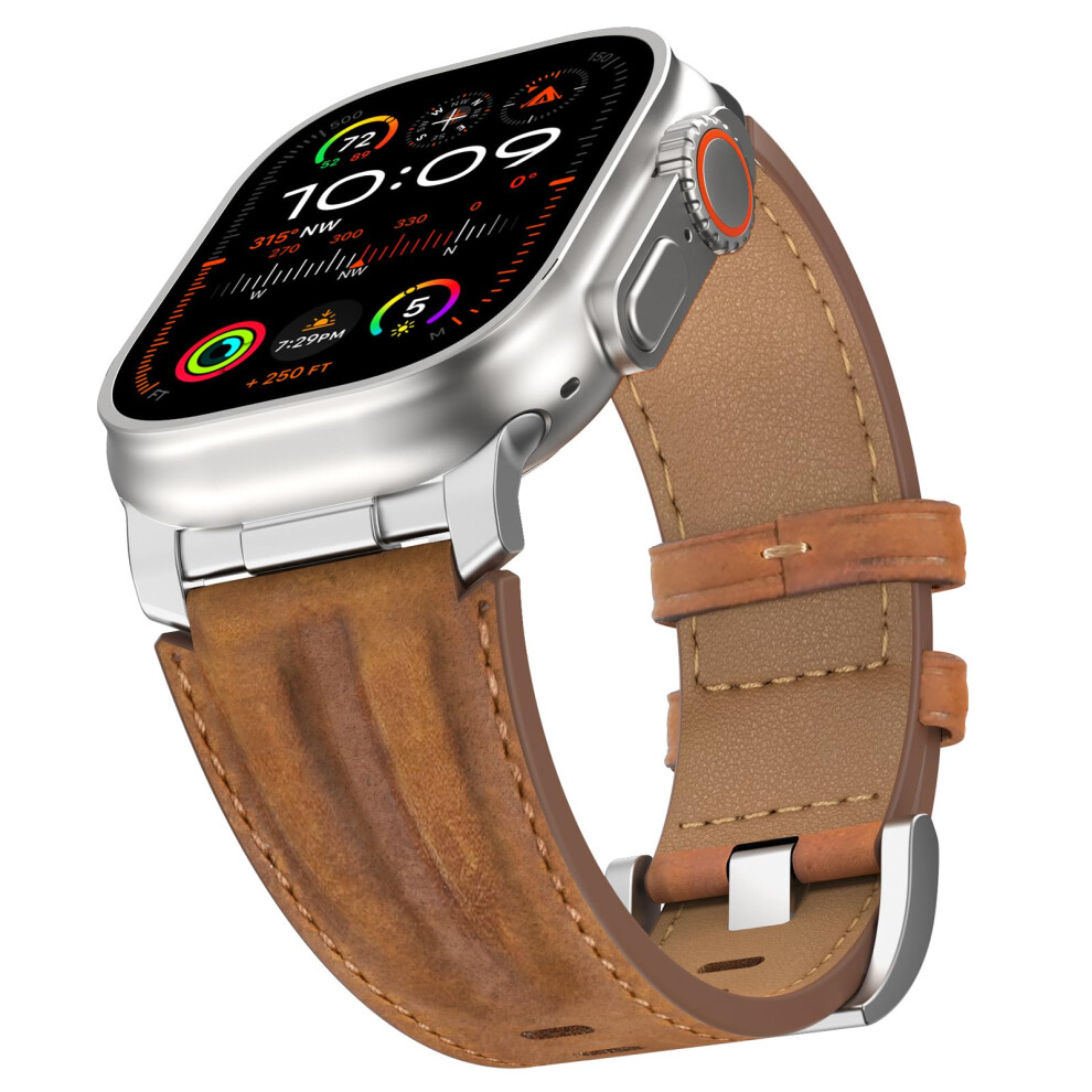 Leather Band For Apple Watch 49Mm 45Mm 44Mm, Red Brown Strap With Secure Metal Connector, Compatible With Ultra 3/2/1 Series 9Â3 Se Red,Brown 9771547307716