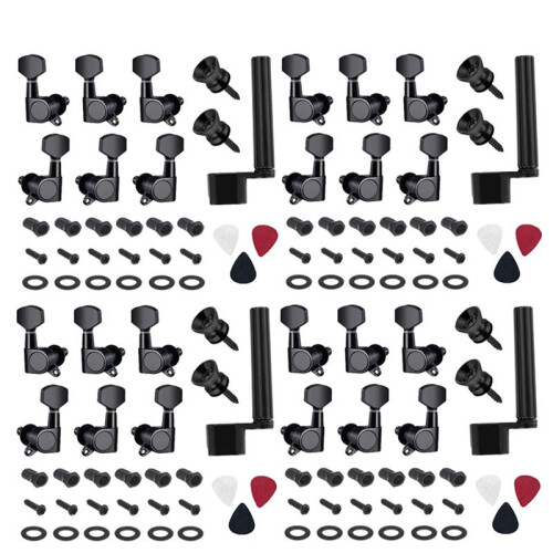 24 Pieces Guitar String Tuning Pegs Keys 3 Left 3 Right Guitar Machine Heads Knobs with Strap Button Locks Picks (Black)