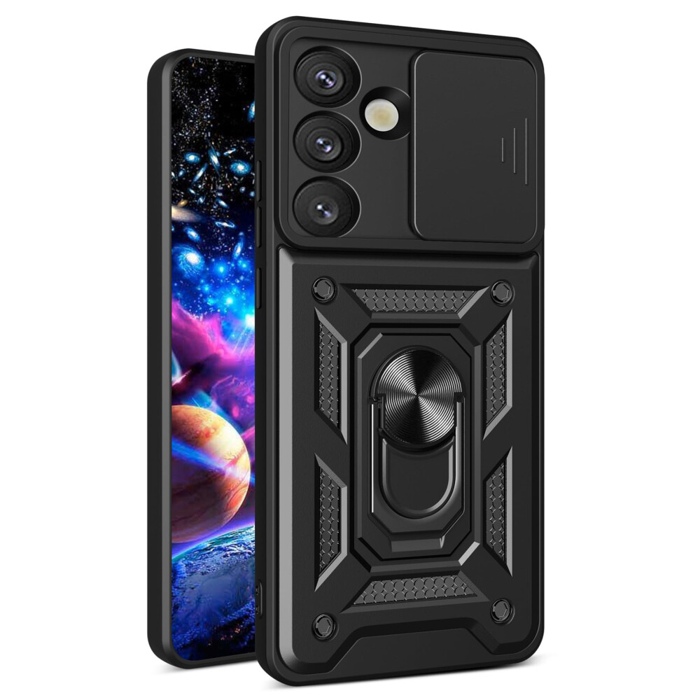 Case With Sliding Lens Cover, Rotating Kickstand, Military Grade Shockproof Protection, For Samsung Galaxy S25 Plus Black 9169991357584