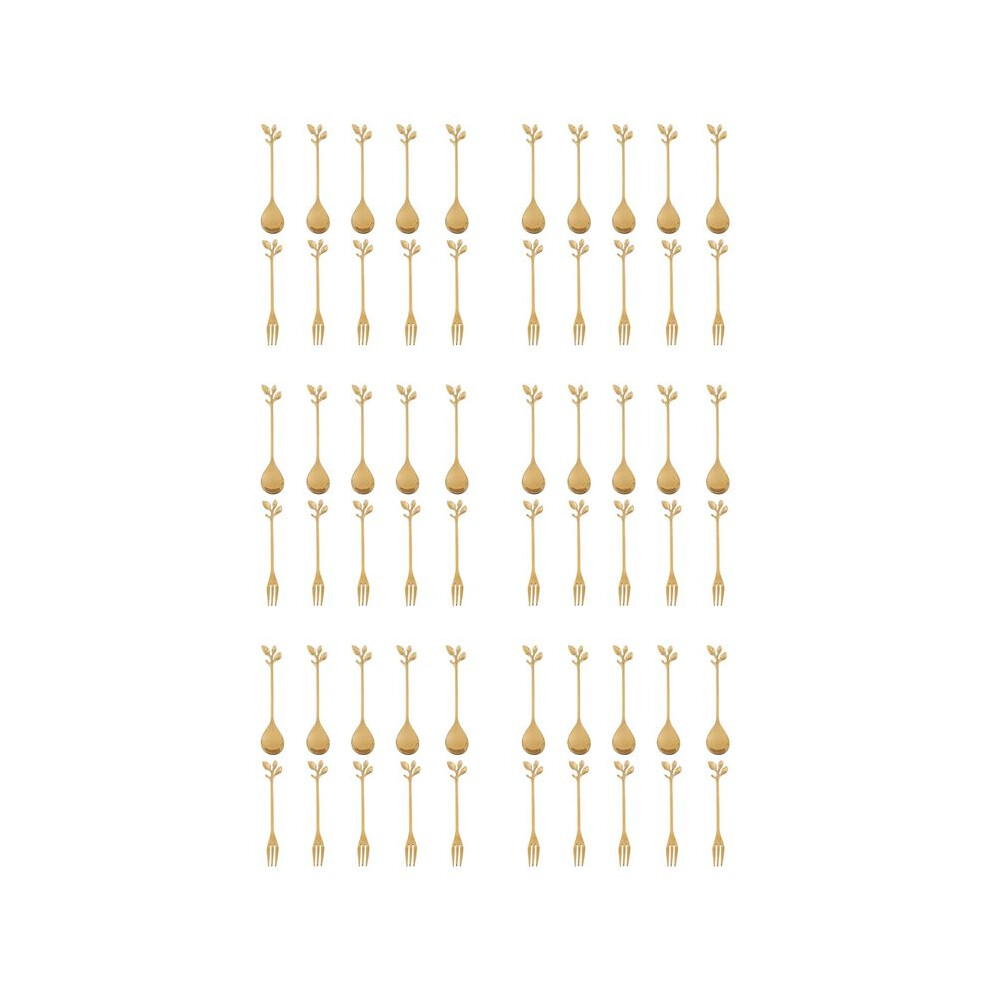 Semoic Golden 30Spoon+30Forks Stainless Steel Leaf Coffee Cake Spoon Fork Dessert Spoons, Stirring Teaspoon Set