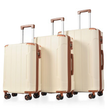 Expandable Hard Shell Luggage Set 3 Piece with Double Spinner Wheels, Lightweight Durable Travel Suitcase in White Brown