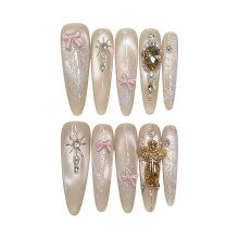 (L) 10Pcs French Tip Press On Nails with Bowknot