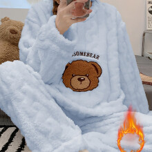 (Light Blue, 10) Soft & Warm Cozy Winter Plush Pajama Set for Women | Long Sleeve Teddy Bear Top & Matching Pants, Soft Polyester Loungewear,