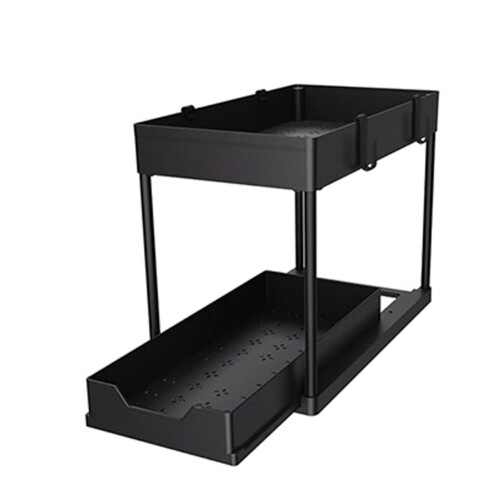 2 Tier Under Sinks Organizer Sliding Cabinet Basket Organizer Storage Rack with Hooks Hanging Cup Kitchen Organizer 1