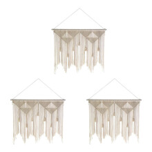 3X Arazzo Tessuto Boho Appeso un Parete Macramè, Tenda Decorativa Nappa Bianca Beige per Sfondo Casa (Bastone di Legno Non Incluso)