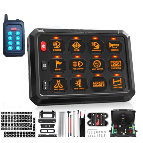 12Gang  Panel with Wireless Remote Control, Circuit Box RGB Colors Toggle  Momentary Circuit Control Relay