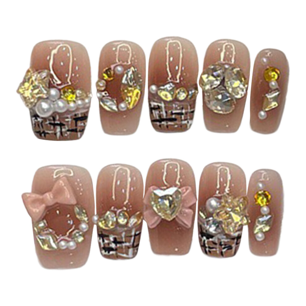 Dachuang Beauty (S) 10Pcs Blush False Nails With Rhinestone, Long Lasting