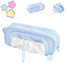Kawaii Pencil Case Large Capacity Waterproof Multi Layer Drawstring Pen Pouch for Students Blue