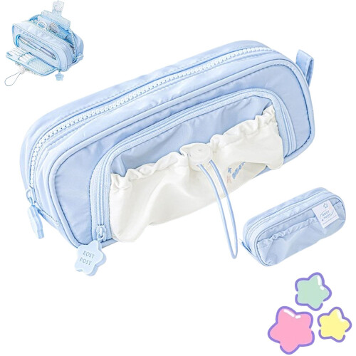Large Capacity Waterproof Pencil Case with MultiPocket Drawstring Design, Kawaii Blue for Students