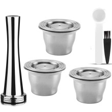 Capsules Reusable, Stainless Steel, 3 Pieces Refillable Pads for + 1 Tamper + 1 Spoon + 1 Brush