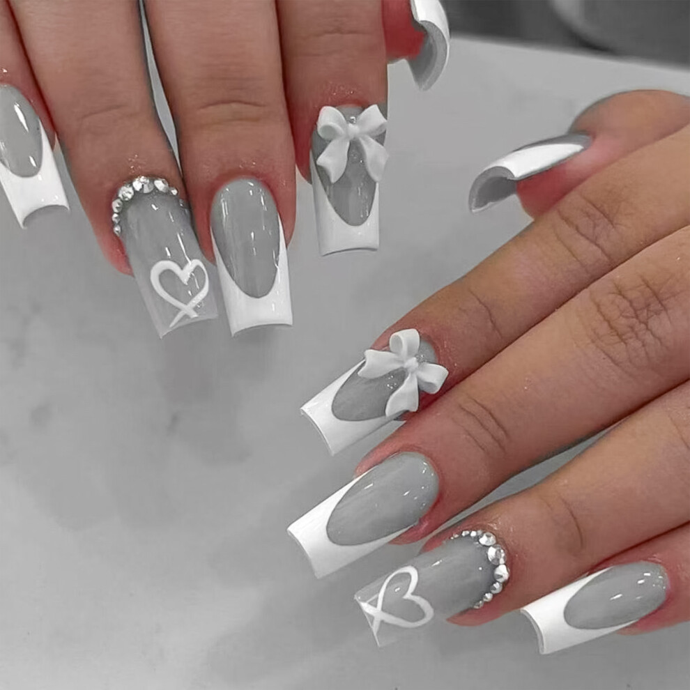 Zhouq-Outdoors 24Pcs White French Heart Nail Tips For Wedding