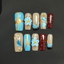 (XS) 10PCS Glossy Press-on Nails - Nude & Blue, Durable