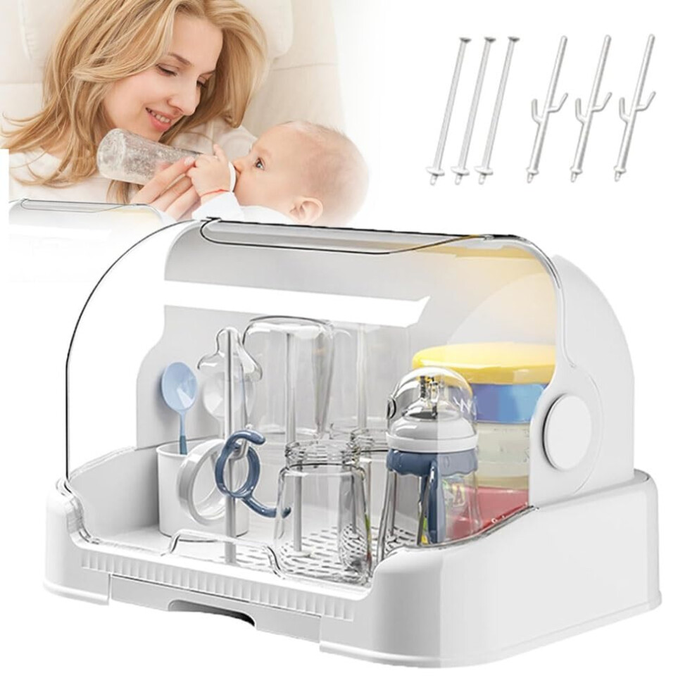 Baby Bottle Drying Rack Organizer with Dustproof Cover, SpaceSaving Design and Removable Drain Tray