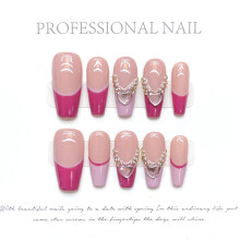 (216) Strawberry Sweet Pink Fake Nails, 10pcs