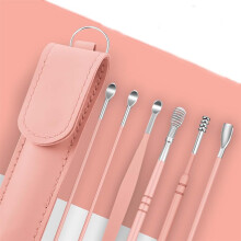 Ear Wax Removal Tool 6PCS Stainless Steel Ear Cleaner Set with 360 Spiral Cleaning, Pink Portable Ear Cleaning Kit