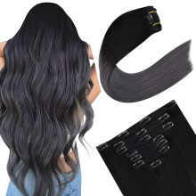 Ombre Clip in Human Hair Extensions 22 Inch 1B Off Black to Silver Straight Real Human Hair for Women