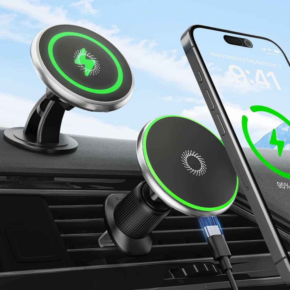 Car Charger 15W Fast Charging Magnetic Wireless Car Mount For Iphone 17Â12 Samsung Dashboard Vent 9771547320319