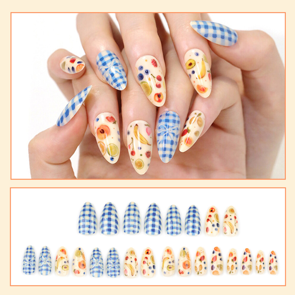 Penghui-Toys Blue White Grid Glossy Fake Nails - Odorless & Comfortable