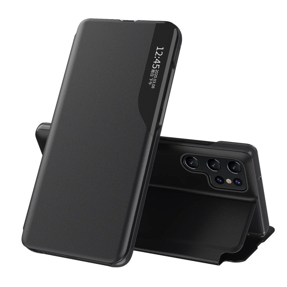 Leather Flip Cover With Clear View Window, Magnetic Kickstand, Shockproof Protection, For Samsung Galaxy S25 Ultra Black 9092120948943