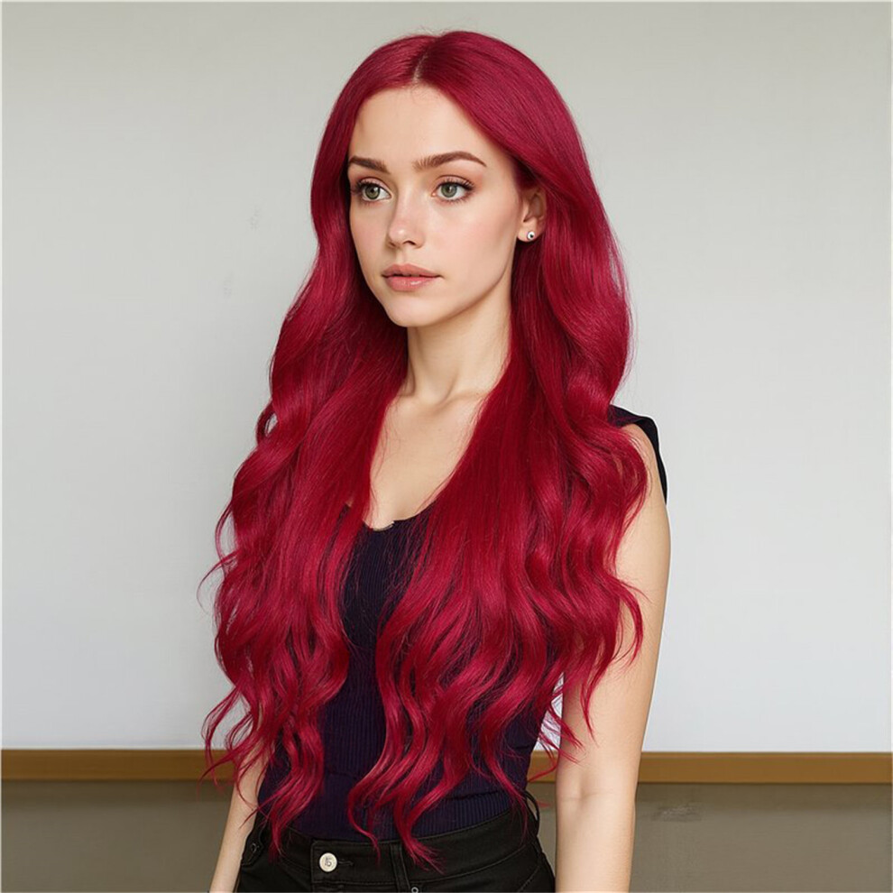Dachuang Beauty Unisex Red 26\" Wine Wavy Bangs Synthetic Wig For Women