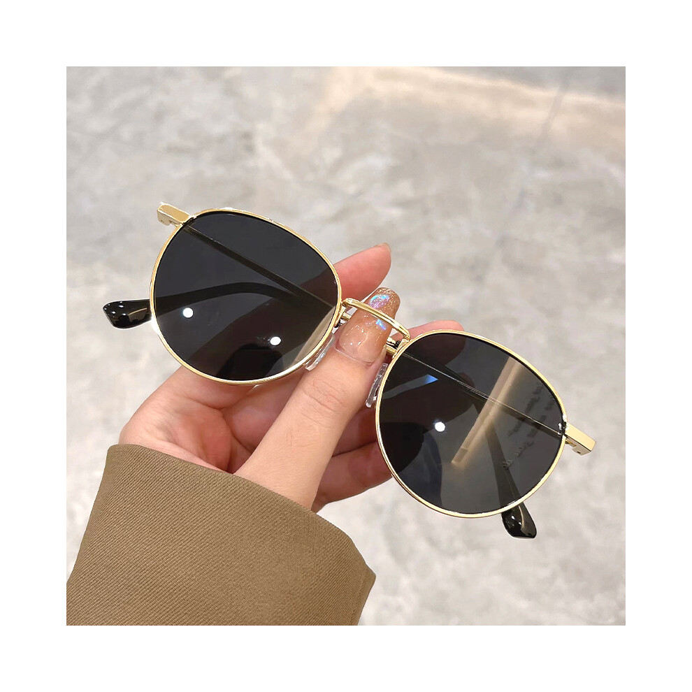 Hue-Grain (Gold Frame Black Gray Sheet) Fashion Round Frame Anti-Glare Sunglasses For Women