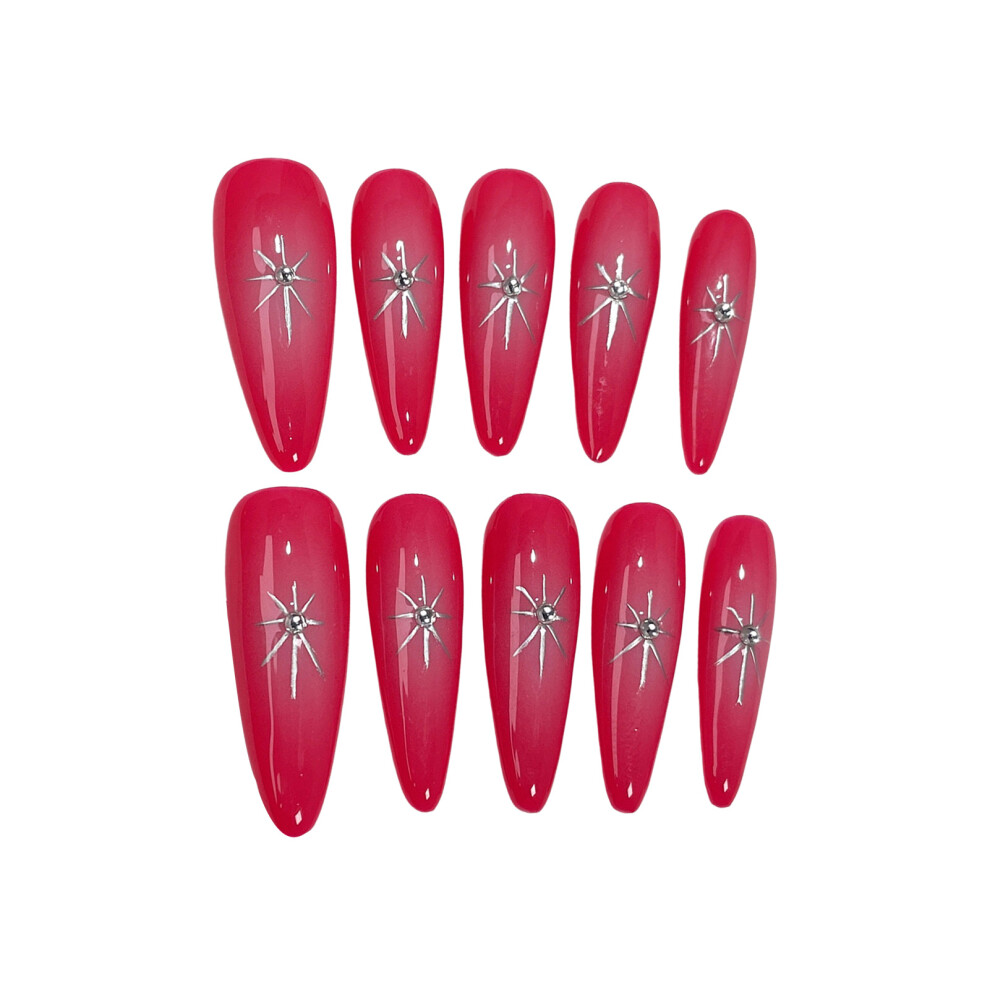 Hue-Grain (Xs) Glossy Almond False Nails With Silver Stars