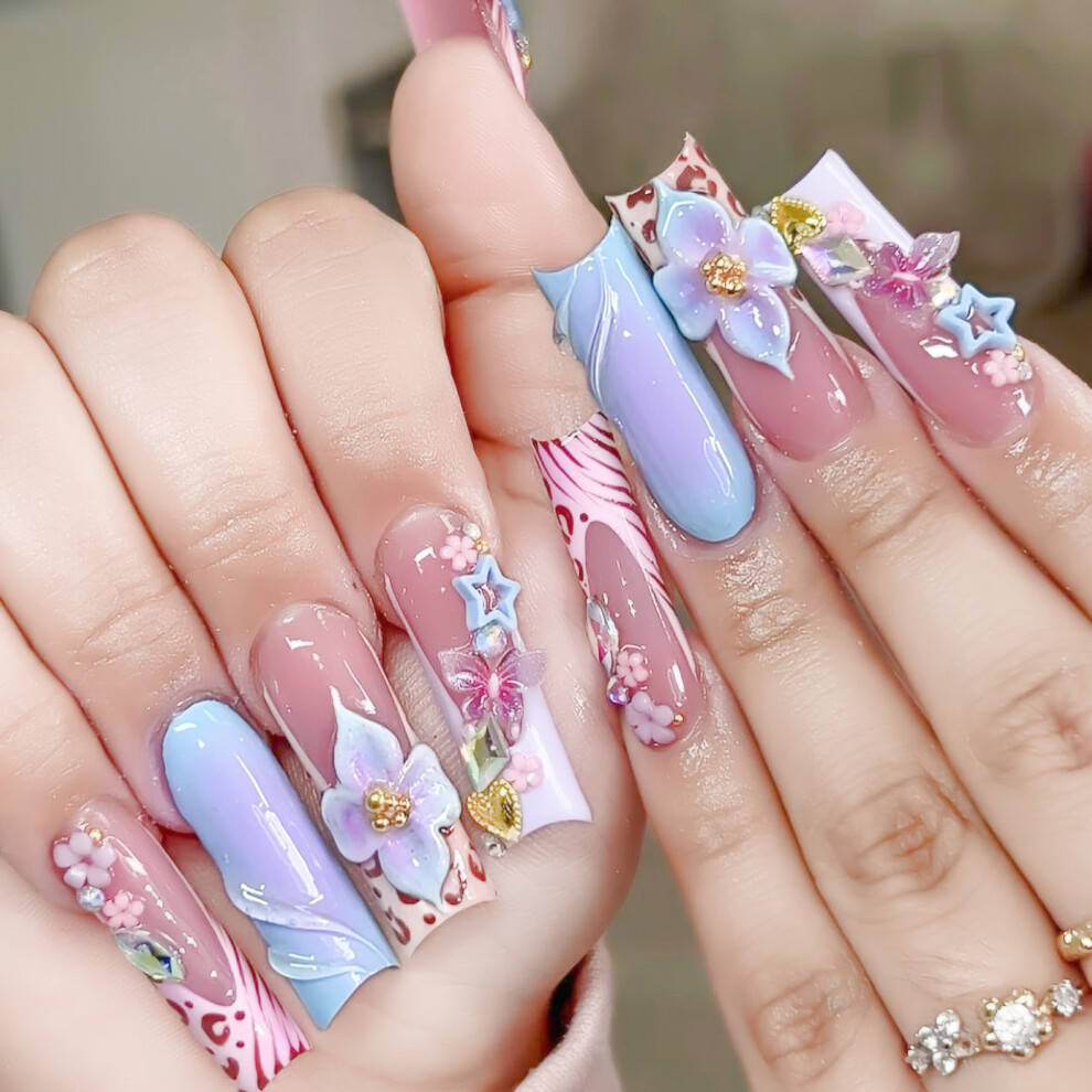Dachuang Beauty Blue 24Pcs Flower Rhinestone Press-On Nails