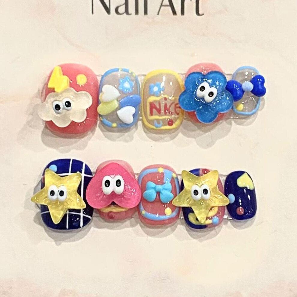 Bright-Home (Xs) Cute Colorful Fake Nails With Cartoon Decor Natural Unbreakable Nail Simple Wear For Girlfriend Wife Women And Girl