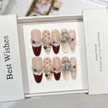 (1219 Christmas Party Long Oval, M) Glitter French Press On Nails - Floral Holiday Wear