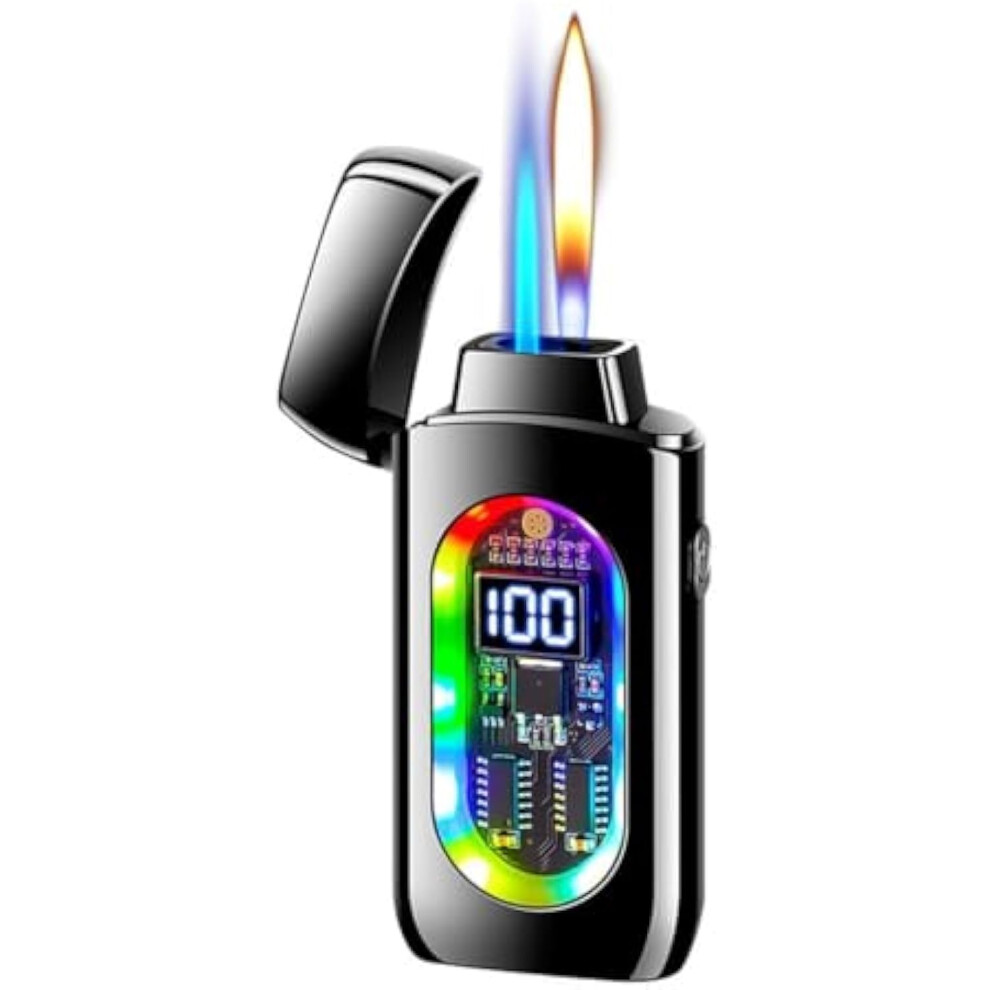 Black Butane Torch Lighter Dual Flame, 4Mode Ignition, Typec Charging, Refillable For Cigars (Black1)